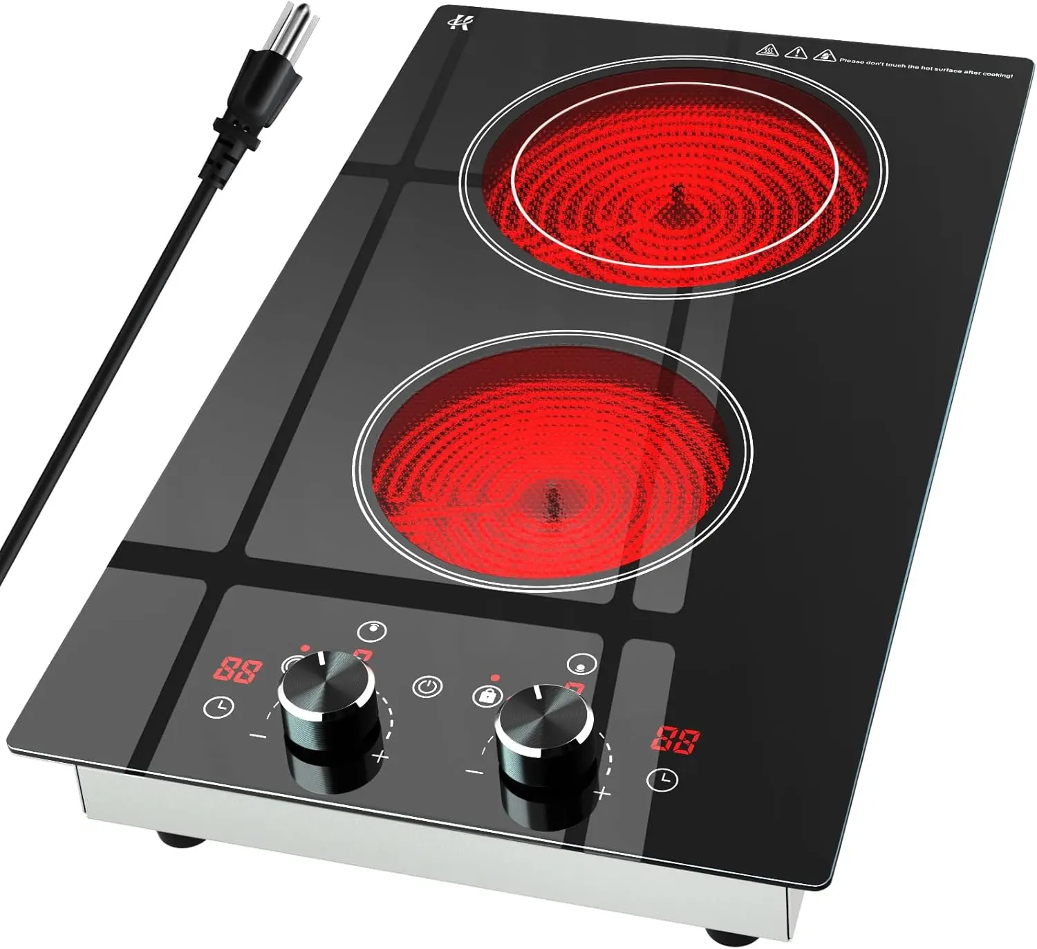 12 inch 2 Burner Electric Cooktop 120V, 1800W Radiant Electric Stove Top with Countertop & Built-in Design, 12 inch Knob Control Ceramic Cooktop with Safety Lock, 9 Heat Levels, 99 Min Timer - Plug in