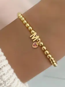 Women's Heart Crystal Pendant Bracelet, Copper Beads Chain, Casual Fashion Jewelry for All Seasons, Stackable Bracelet