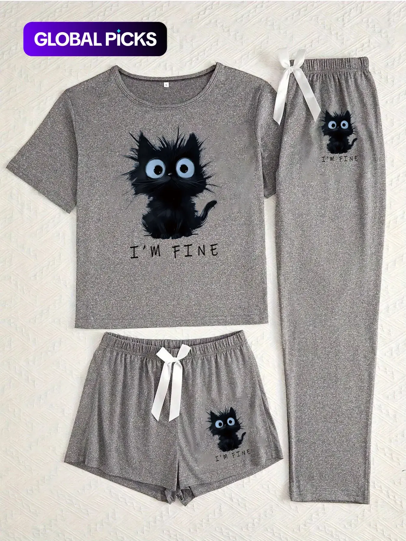 Women's Cartoon Cat Print Sleepwear Set, Casual Lounge Pajama Style Fitted Three-Piece Pajamas, Pajama Shorts, Animal Pattern, All Seasons Comfort