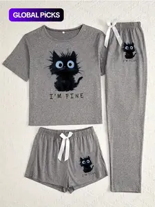 Women's Cartoon Cat Print Sleepwear Set, Casual Fitted Three-Piece Pajamas, Pajama Shorts, Animal Pattern, All Seasons Comfort