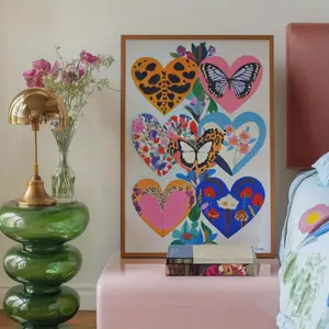 2D Flat Single Piece Modern Colorful Heart Wall Art Poster, Featuring Floral and Animal Designs, Butterfly Floral Print, Minimalist Dopamine Decoration, Suitable for Bedroom, Living Room, or Kitchen - Frameless Canvas Artwork, Unique Gift for Her