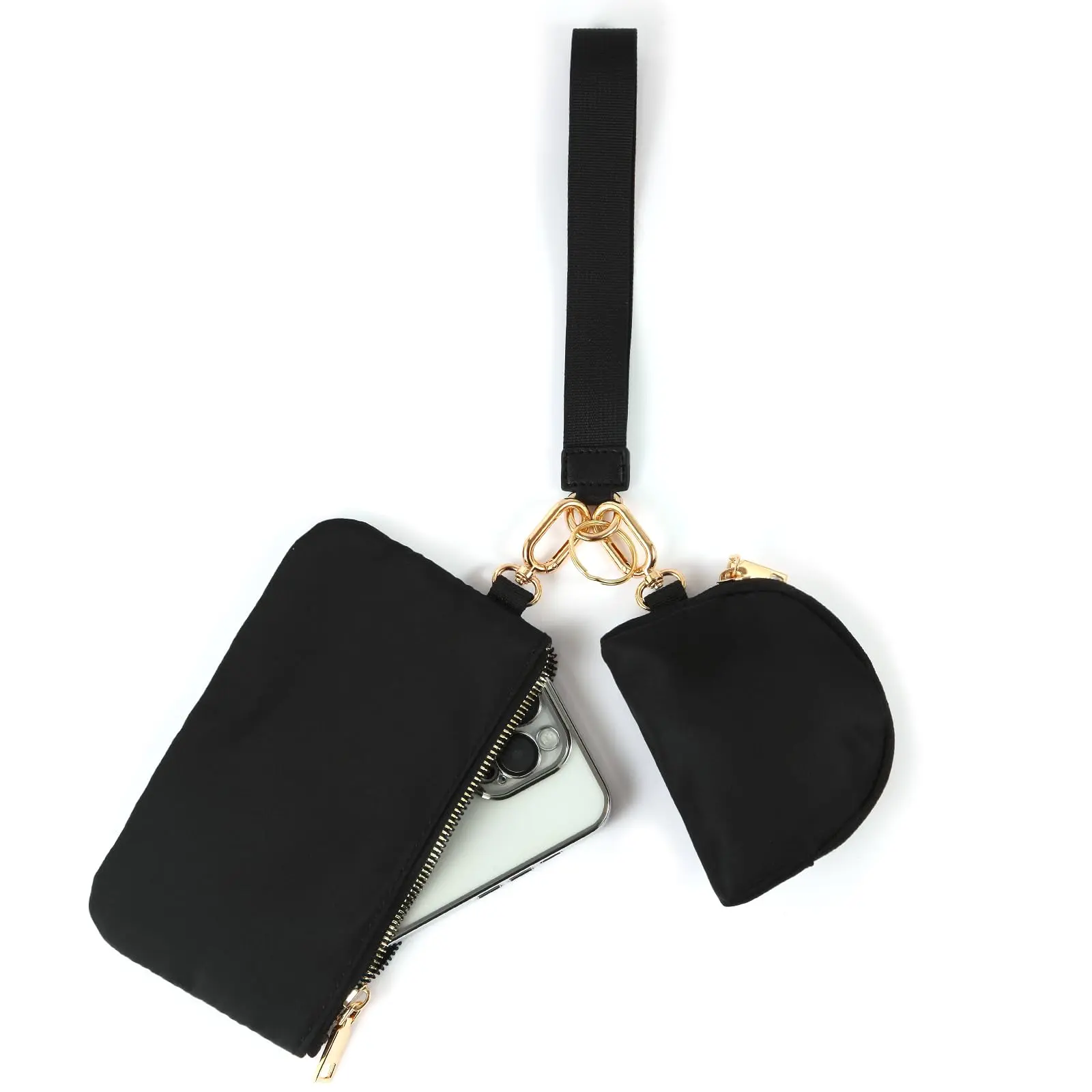 Mini Zip Around Wristlet Keychain Wallet For Women Detachable Dual Pouch Portable Phone Purse Pocket (black+gold)