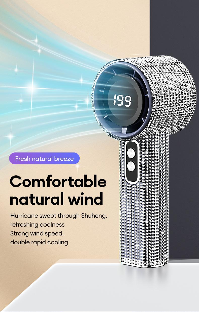 PAXA M15 Full Diamond Luxury Craftsmanship Portable Handheld Fan, 3 Gear Wind, Rechargeable Long Battery Life Hand Fan With Digital Display For Outdoor Activities, Travel, Office, Wonmen's gift
