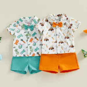 2Pcs Toddler Boy Easter Outfits Short Sleeve Lapel Collar Bowtie Decor Bunny Print Shirt and Elastic Waist Shorts Set