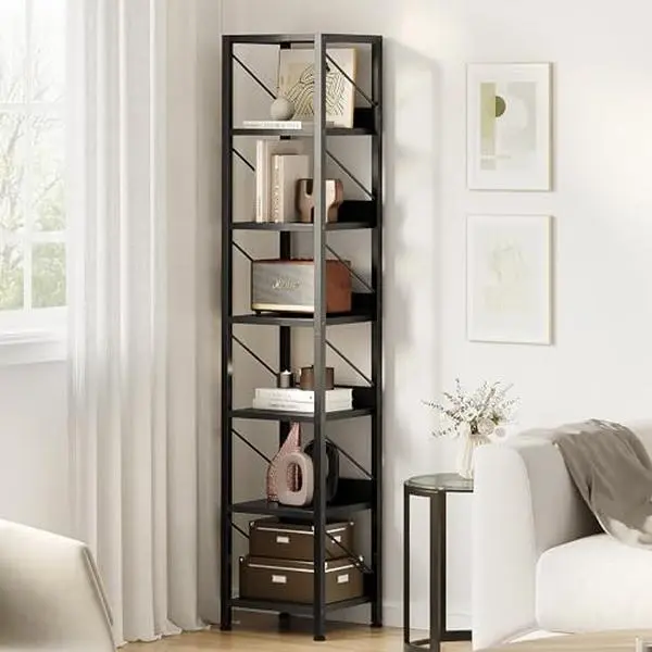 【GARVEE】Bookshelf Narrow Bookcase Tall Skinny Storage Rack Shelf 6 Tier Standing Bookshelves Metal Frame Rustic Display Racks Industrial Book Shelf for Bedroom, Living Room, Home Office