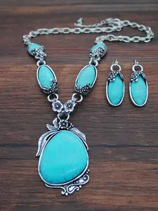 Turquoise Texture Pendant Necklace Dangle Earring, Vintage Ethnic Style Jewelry Set for Women, Boho Fashion Accessories for Beach Party Vacation
