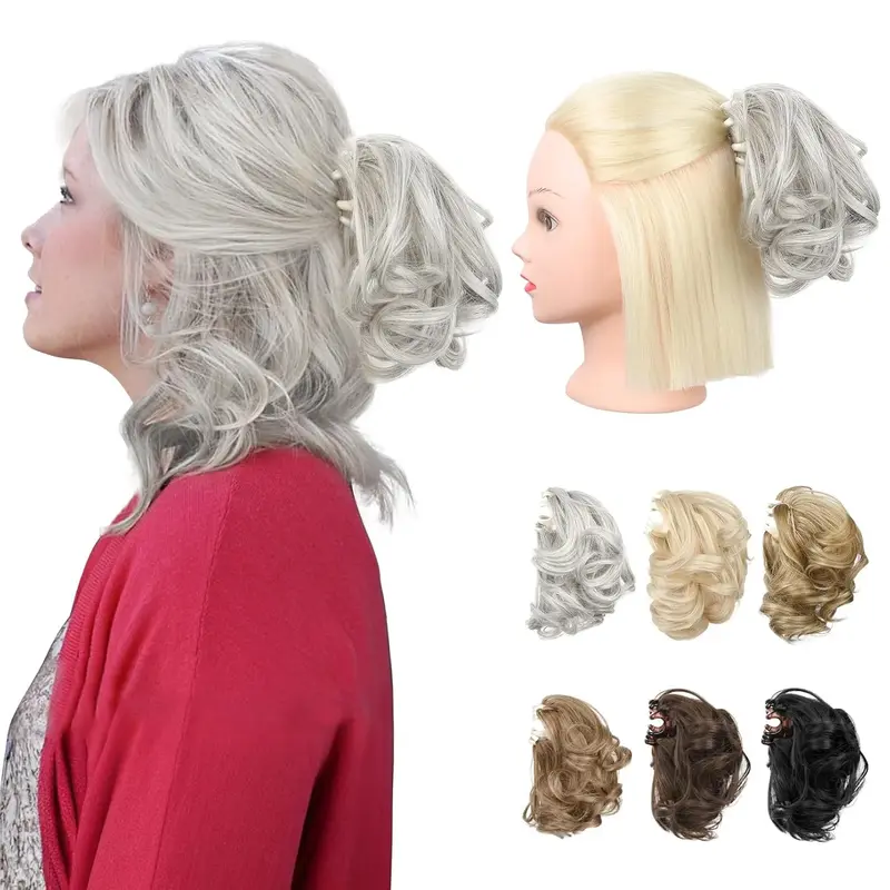 Ponytail Extension, 7" Half Up Short Mini Claw Clip in Ponytail Hair Extensions Curly Wavy Ponytail Messy Hair Bun Hair Pieces for Women with Short Thin Hair - Silver Grey