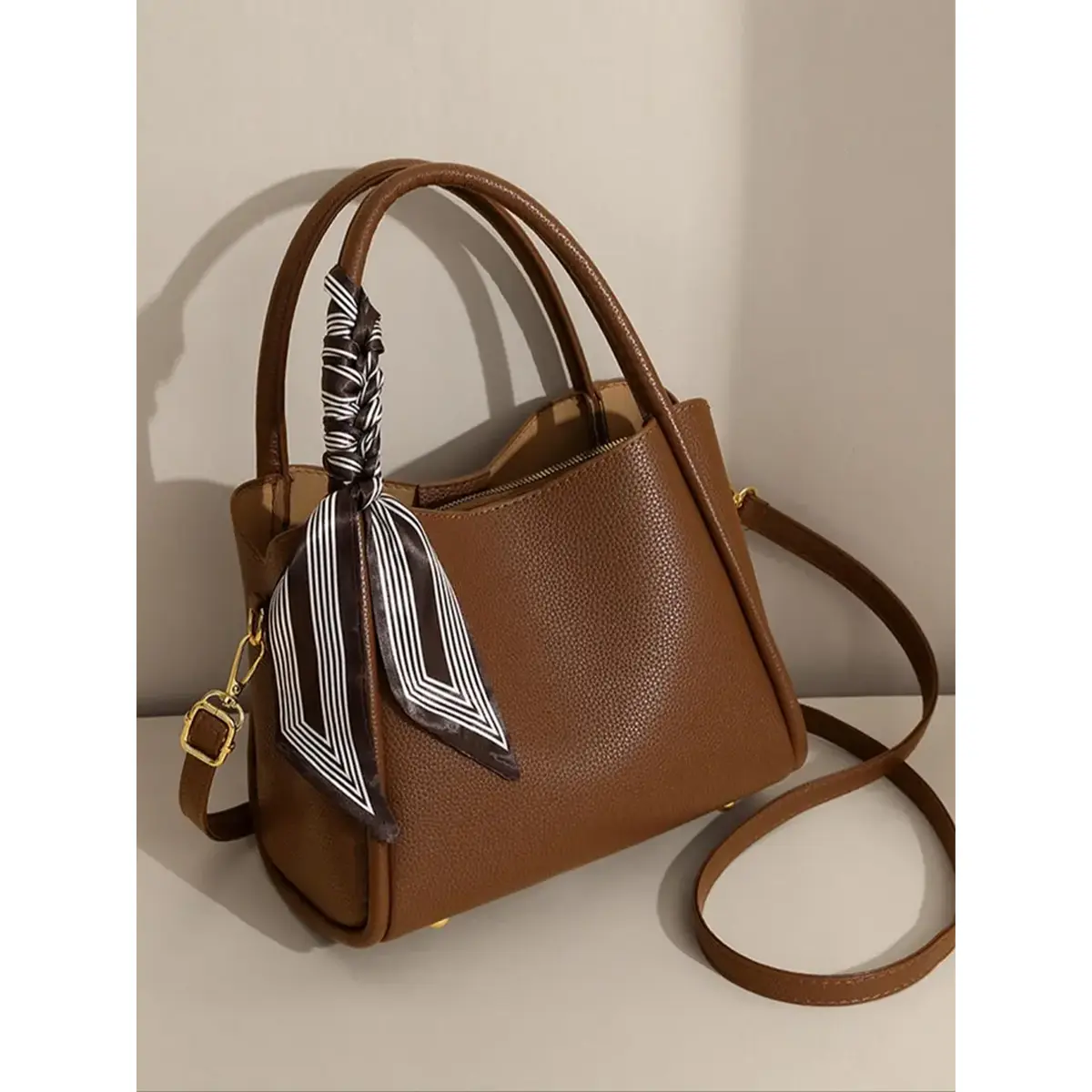 Women's Elegant Lychee Pattern Handbag with Twilly Scarf Decor, Trendy Versatile Crossbody Bag, Fashionable Shoulder Bag for Daily Use, Fashionable Unique Bags, Crossbody Shoulder Purses