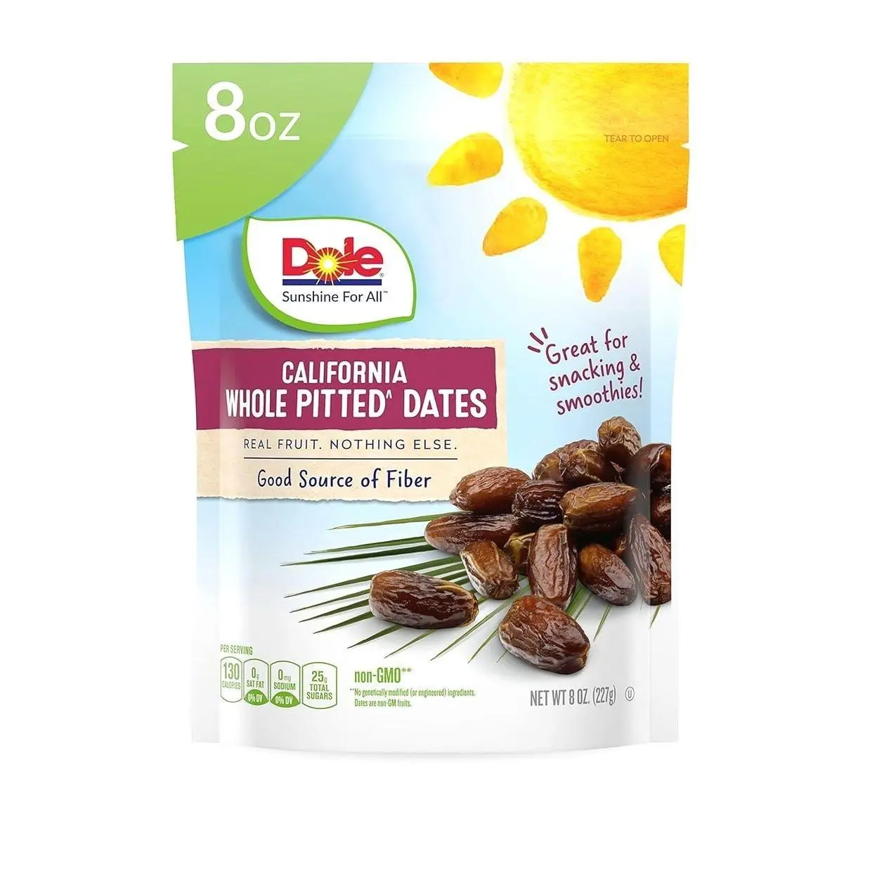 Dole California Whole Pitted Dates, Dried Fruit, Gluten Free Snack, 8 Oz Bag