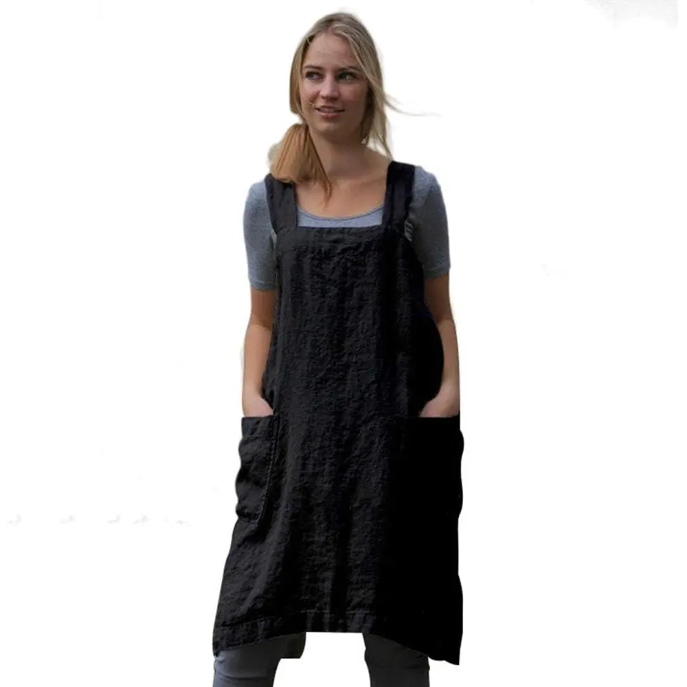 Women's Cotton Linen Pinafore Apron, Cross-Back Workwear with Pockets for Year-Round Cooking, Art, Baking & Gardening