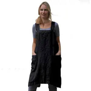 Larmliss Women's Pinafore Square Apron Baking Cooking Gardening Works Cross Back Cotton/Linen Blend Dress with 2 Pockets