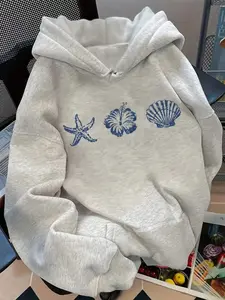 Women's Fall Winter Casual Loose Drawstring Knit Hoodie, Floral Shell Print, Long Sleeve Drop Shoulder Sweatshirt, All Seasons Wear