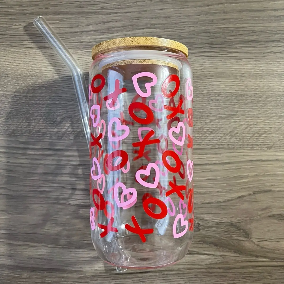 XOXO Valentine Beer Glass Can with Bamboo Lid & Glass Straw