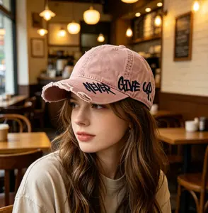 Deconstructed High-Fashion​ – Artistic Washed Linen Cap with Asymmetric "NEVER GIVE UP" Embroidery, Raw-Edge Brim & Hidden Adjuster