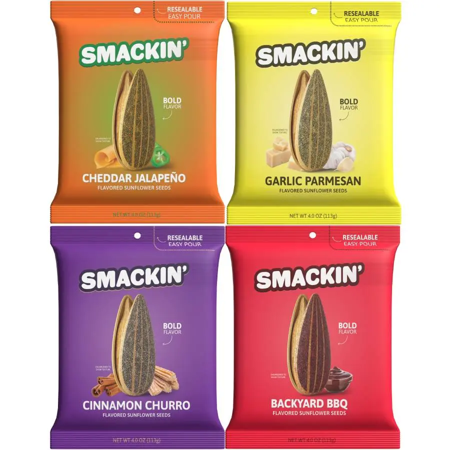 SMACKIN’ Sunflower Seeds 4-Flavor Variety Pack – 4oz Bags Cheddar Jalapeño, Backyard BBQ, Cinnamon Churro & Garlic Parmesan Snack