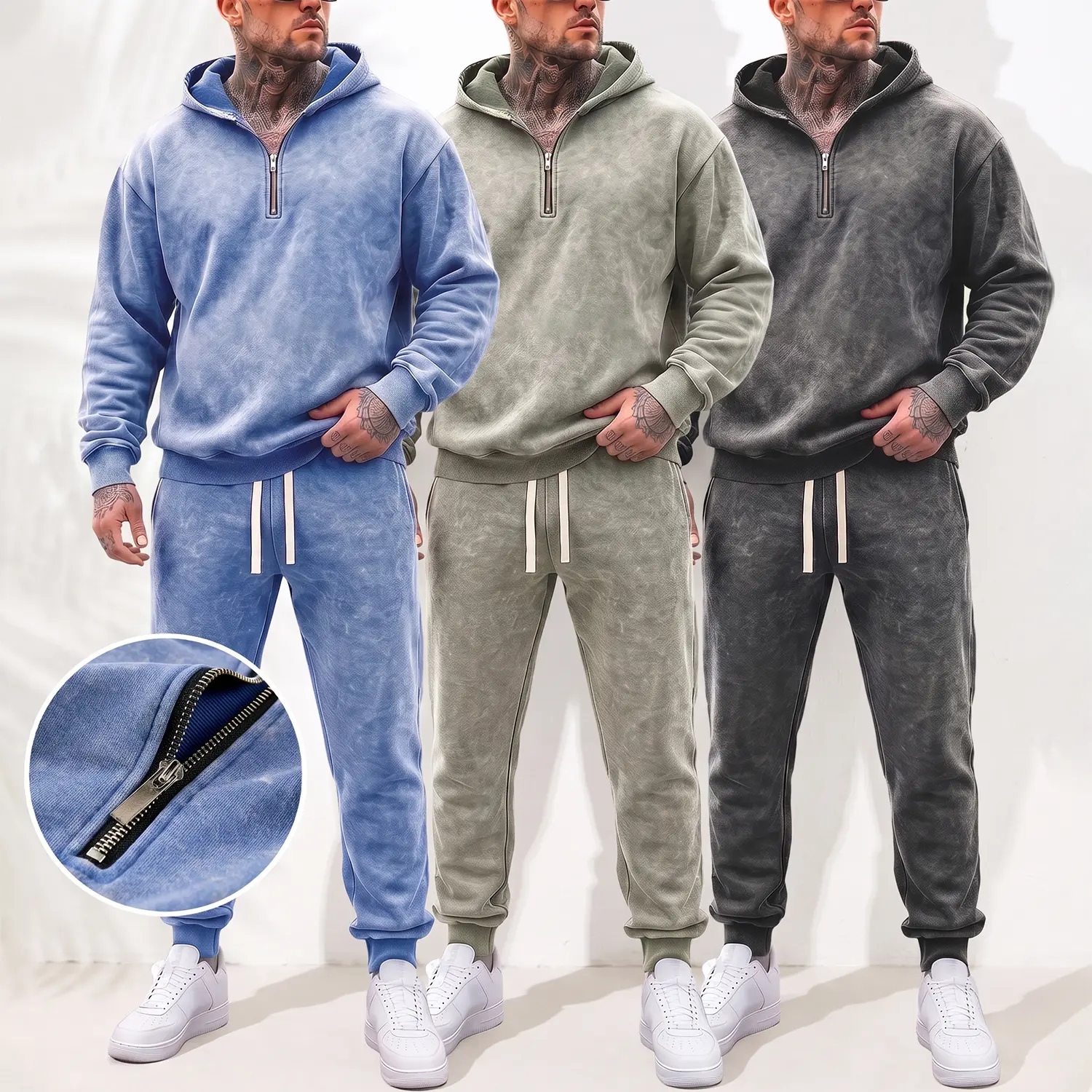 Men's 2 Piece Quarter Zip Hoodie & Jogger Set, Vintage Acid Wash Midweight French Terry Sweatsuit, Relaxed Fit Long Sleeve Streetwear Tracksuit for Fall Winter, Casual Lounge Travel Outfit, Gift for Boyfriend Classic Menswear Outdoor Y2K Pants Clothes
