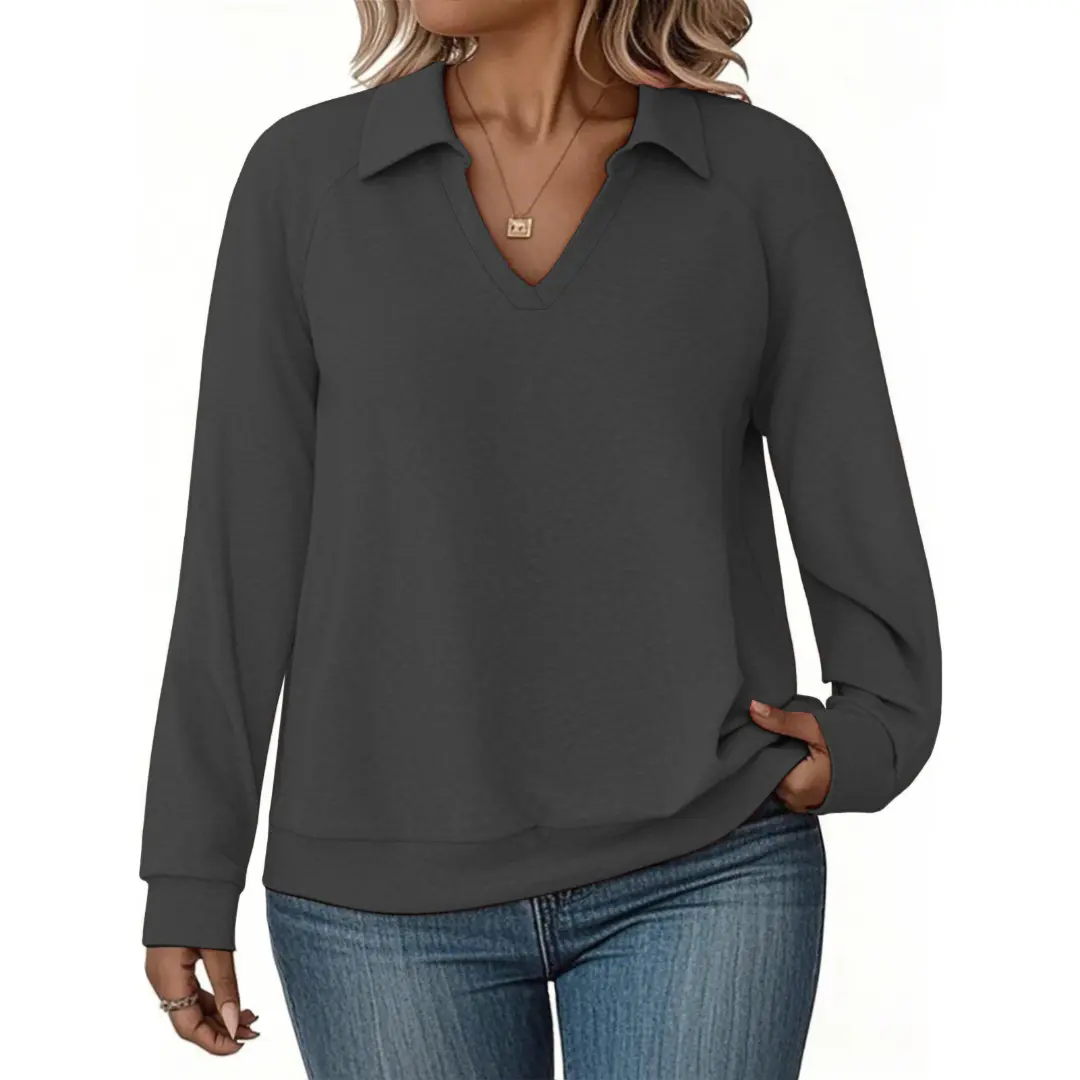 Women's Plus Size Long Sleeve Collared V-Neck Pullover Tunic Sweatshirts, Casual Loose Lightweight Womenswear Polo Tops Blouses