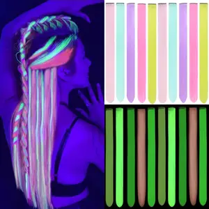Colored Hair Clip In Extensions 18 inch 10pcs Glow in the Dark Hair Extensions Heat Resistant Rainbow Hair Extensions Multicolor Clip in Hair Extensions for Girls