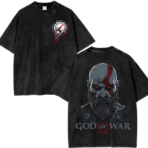 God of War Kratos Graphic Hoodie T-Shirt, Unisex Oversized Vintage Anime Tee, Y2K Acid Washed Double Print Cotton Shirt, Streetwear Casual Top, Gamer Outfit, Movie Game Fan Gift Merch- Nice