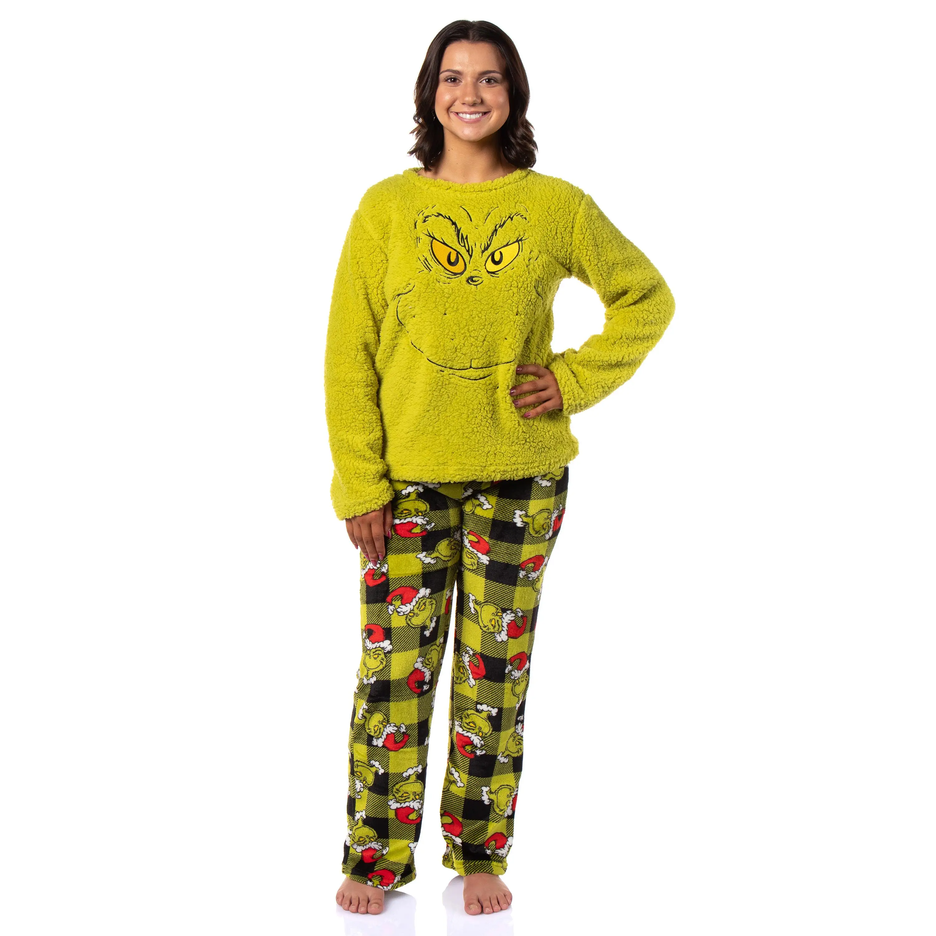 The Grinch Pajama Set Dr. Seuss Women's The Grinch Santa Fleece Buffalo Plaid Sleep Pajama 2 Piece Set Lounge