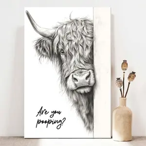 2D Flat, 1Pc Framed Canvas Wall Art Scottish Highland Cow, Inquisitive Expression, Realistic Sketch Style, Canvas Poster Painting Room Wall Decor, Ideal Gift for Bedroom, Living Room, Hallway, Dorm, Ready to Hang