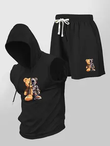 Two-Piece Set Men's Bear Print Hooded Tank Top & Drawstring Waist Shorts Set, Regular Fit Casual Sleeveless Top & Track Shorts, Summer Clothes Set for Men
