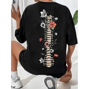 Chic Summer Drop Shoulder Tee Featuring Skeleton and Floral Prints Ideal for Going Out and 2000s Fashion