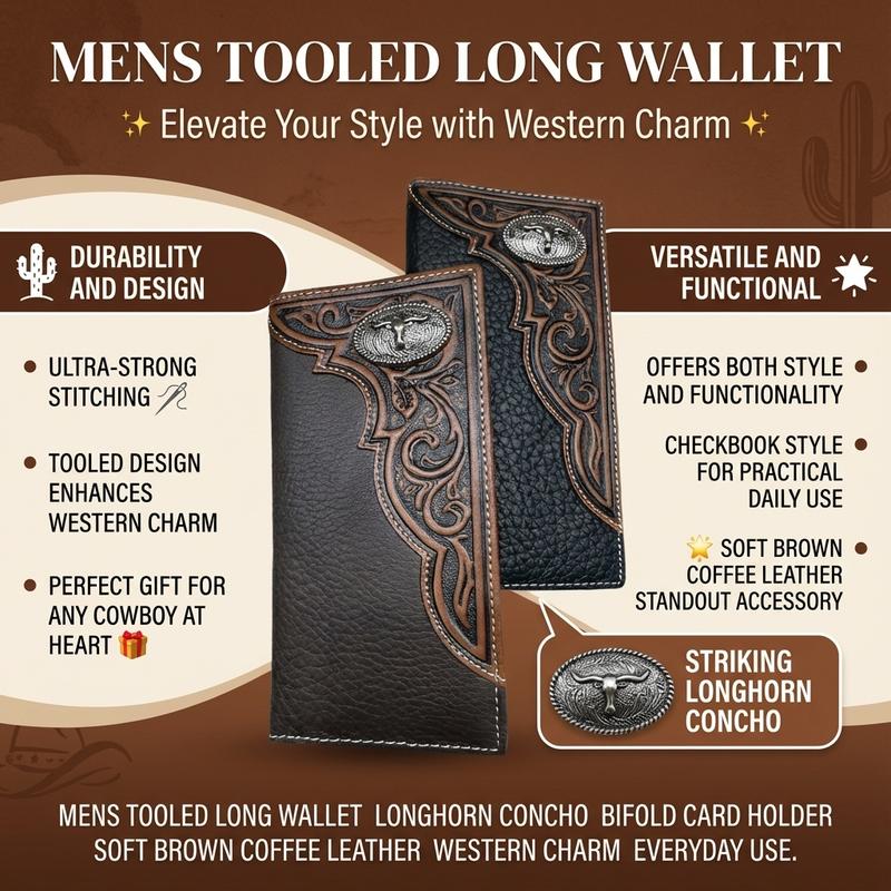 Mens Tooled Long Wallet Longhorn Concho Bifold Card Holder Soft Brown Coffee Leather Western Charm Everyday Use Ultra-strong Stitching Durability