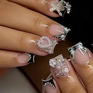 24-Piece French Square Beaded 3D Rhinestone Nail Charms Press-On Nails Set, Nail Designs, Includes Jelly Gel and Nail File, Perfect for Daily Use and Romantic Dates