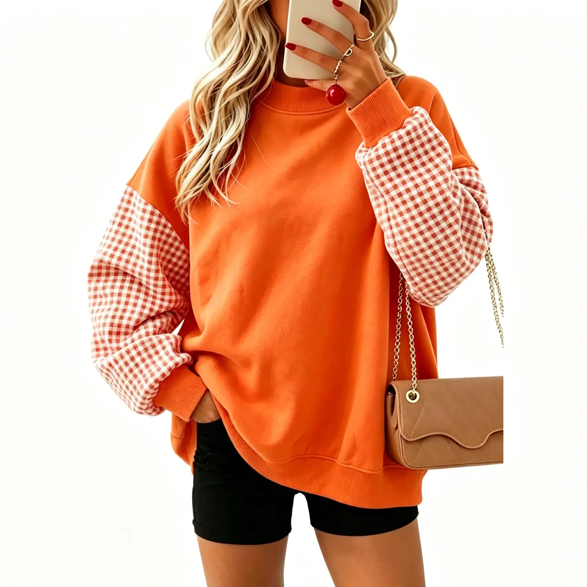 Women's Crewneck Sweatshirt Plaid Splice Long Sleeve Pullover Loose Fit Casual Fall Tops
