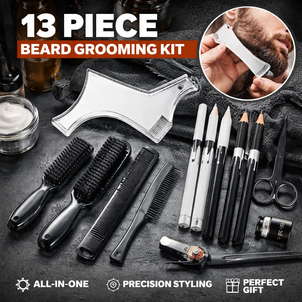 13Pcs Men's Beard Shaper Trim Kit - Barber Equipment with Precision Styling Tools, Lineup Edging Pencil, Sharpener, Beard Guide, Eyebrow Scissors, Shaping Comb, Clipper Brush for Clean Edges, Grooming Gift