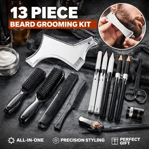 13Pcs Beard Shaper Kit – Barber Pencil for Lineup Edging with Sharpener, Beard Guide, Eyebrow Scissors, Shaping Comb, Clipper Brush – Grooming Set for Men