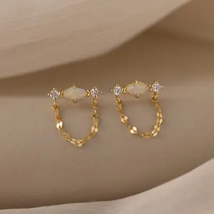 Opal & Diamond Chain Studs by Caitlyn Minimalist - Dainty Marquise Opal Stud Earrings - Dangling Mirror Chain Earrings - Wedding Jewelry - Gift for Wife