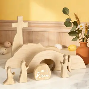 Easter Scene and Cross Christian Decoration, Wooden Easter Jesus Resurrection Scene Nativity Set for Religious Home Office Mantel Decor