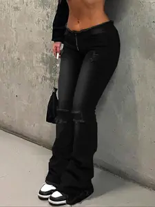 Women's High Waist Ripped Flare Denim Jeans with Frayed Hem and Distressed Details, All Seasons Fashion, Plain Pattern, Casual, Comfortable and Stylish, Flared