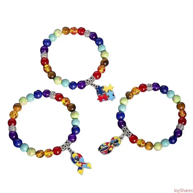 Autism Awareness Rainbow Natural Stone Bracelet with Interlocking Puzzle Piece Charm - Hand-Strung Stretch Elastic Jewelry for Therapists, Fits Most Wrist Sizes, Casual Wear, Rainbow Beads, Puzzle Pieces, Birthday, Single Charm, Unisex, Fits Most Wrists,,