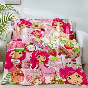 Modern Strawberry Shortcake Collage Flannel Blanket | Pink 2000s Cartoon Cozy Throw for Nostalgia & Kids Fans