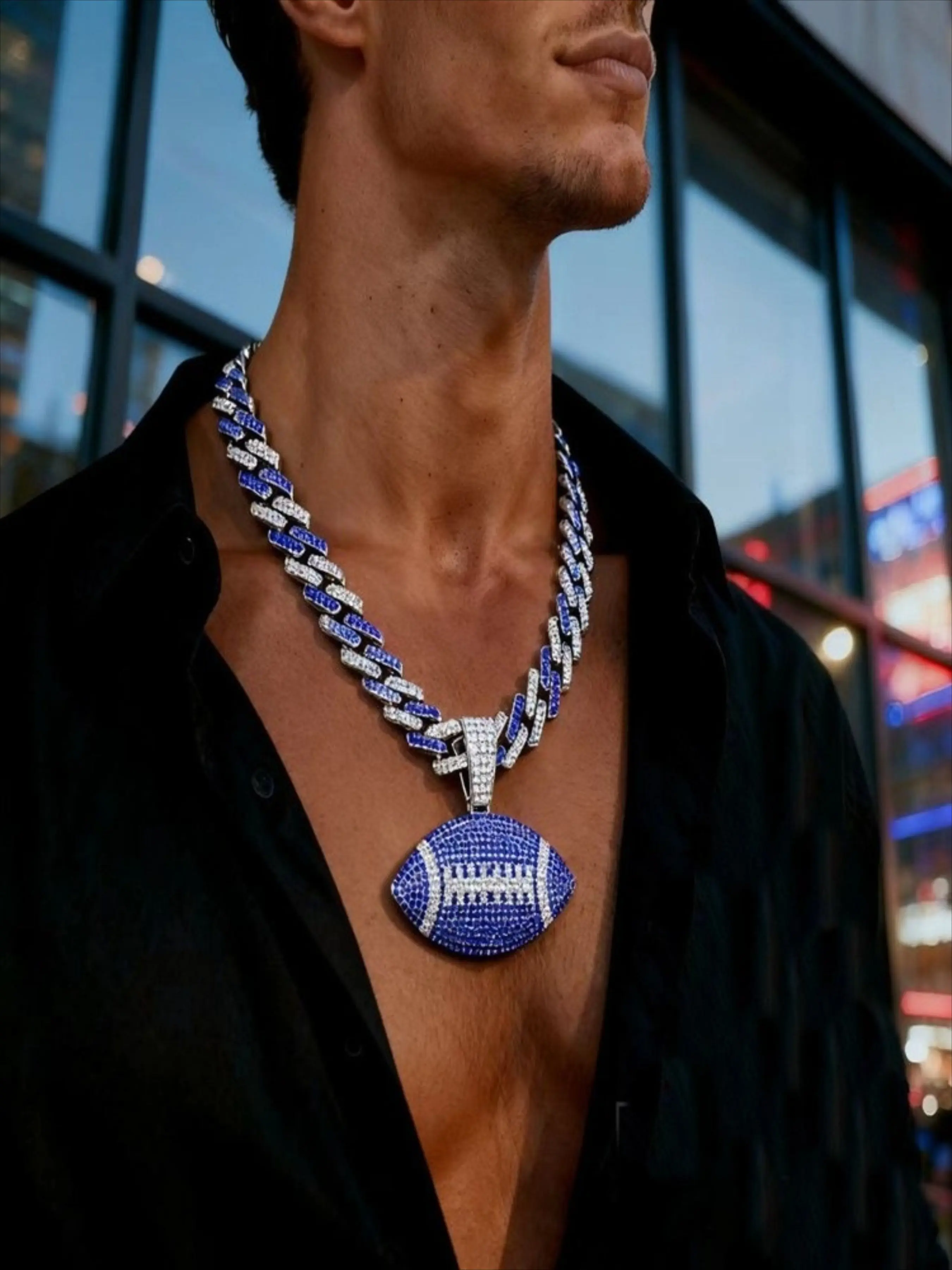 Multicolor Football Pendant Cuban Chain, Men's Rhinestone Hip Hop Necklace, Fashion Jewelry for Daily Wear and Various Activities