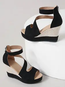 Women's Fashion Solid Color Suede Ankle Strap Wedge Heel Sandals, Comfortable Zipper Back Casual Shoes for Daily Wear, Unisex Everyday Footwear