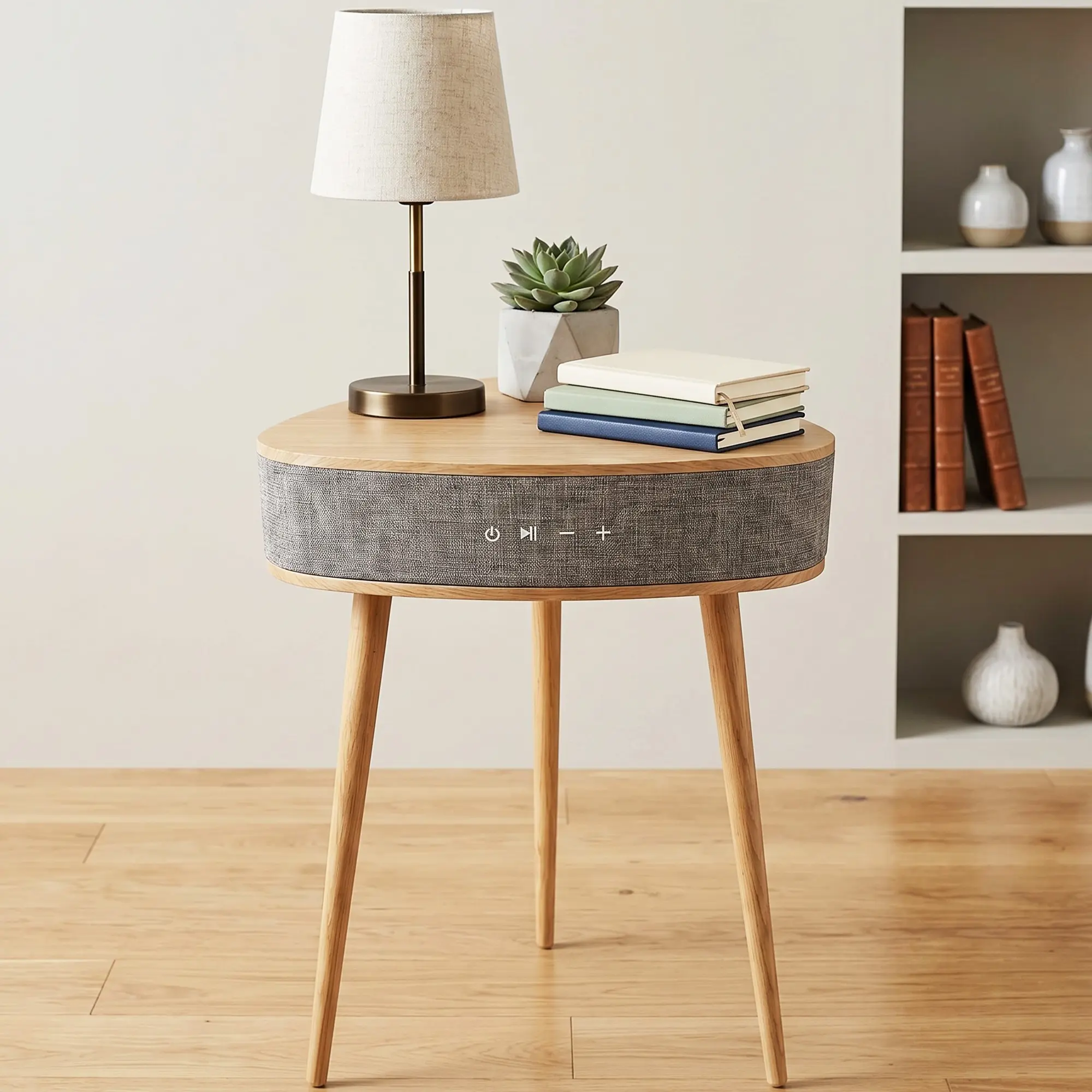 Smart Side Table-E with Bluetooth Speaker, Wireless Charging & Built-in Battery, Natural Wood End Table Nightstand for Living Room, Bedroom, Apartment