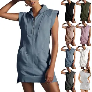 Molitree Womens Half Zip Sweatshirt Dresses Summer V Neck Sleeveless Pullover Tunic Tops Mini Dress Womenswear Lightweight