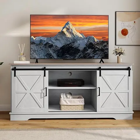 YITAHOME Woody Rectangular TV Stand - 65" TV Fit Country Farm Theme Cottage Indoor Furniture with Sliding Doors, 2 Storage Cabinets, Cord Management Ports & Shelf for Living Room
