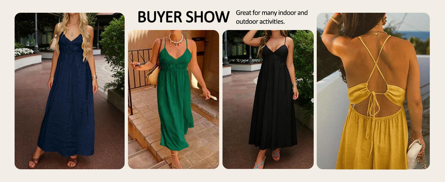 Yousify Women's Deep V-Neck Sleeveless Spaghetti Strap Ruched Flowy Maxi Dress - Casual Fashion Dress, Boho Beach Sundresses, Women's Clothes for Summer Beach Outfits,summeroutfits,vacationoutfits,beachoutfits