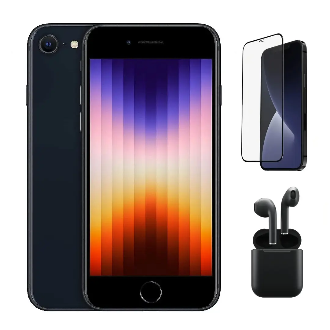 Refurbished Apple iPhone SE (3rd Gen) A2595 (Fully Unlocked) Good Condition with Pre-Installed Tempered Glass and Bluetooth Earbuds & 1 Year Warranty