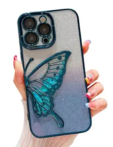 Butterfly Phone Case | Silver Metalic Look with Lens Protector Butterfly Phone Case for iPhone 15 Pro Max,Cute Butterfly Colorful Star Sequin Liquid Quicksand Phone Case Luxury Glitter Bling 6D Electroplated Soft TPU Protector Blue