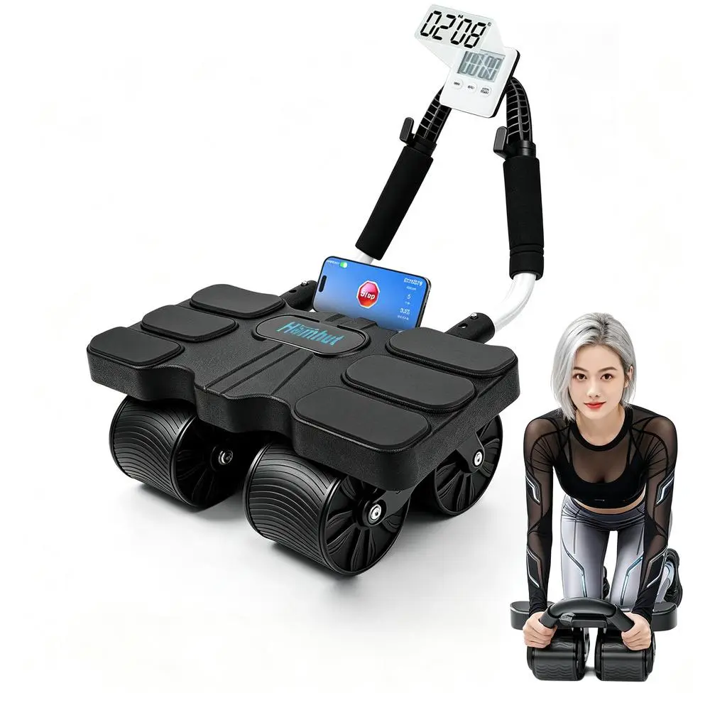 Dual wheel abs trainer (2/4 wheels), comfortable elbow support, digital tracking phone holder, foldable quiet abdominal equipment, portable gym gear for beginner fans, mini strength training supplies