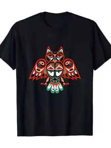 Men's Haida Nation Tribal Owl T-Shirt - Plus Size Black Cultural Design with Haida Indian, Non-See-Through Fabric, Casual All-Season Wear, Machine Washable for Indigenous Style Apparel