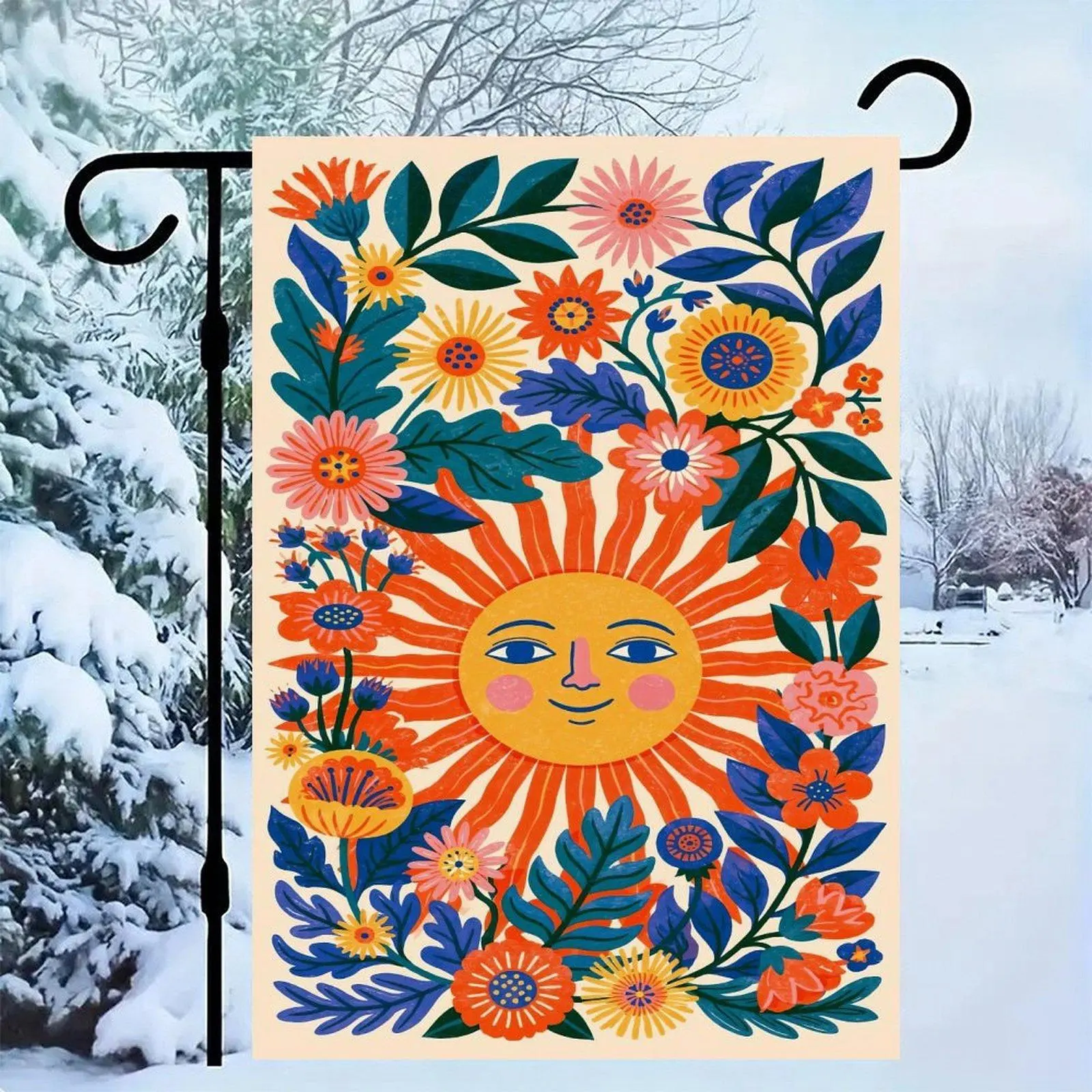 12x18in Double-Sided Folk Art Smiling Sun Decorative Garden Flag, Colorful Wildflower Boho Spring Farmhouse Outdoor Decor for Outside Lawn Yard Supplies