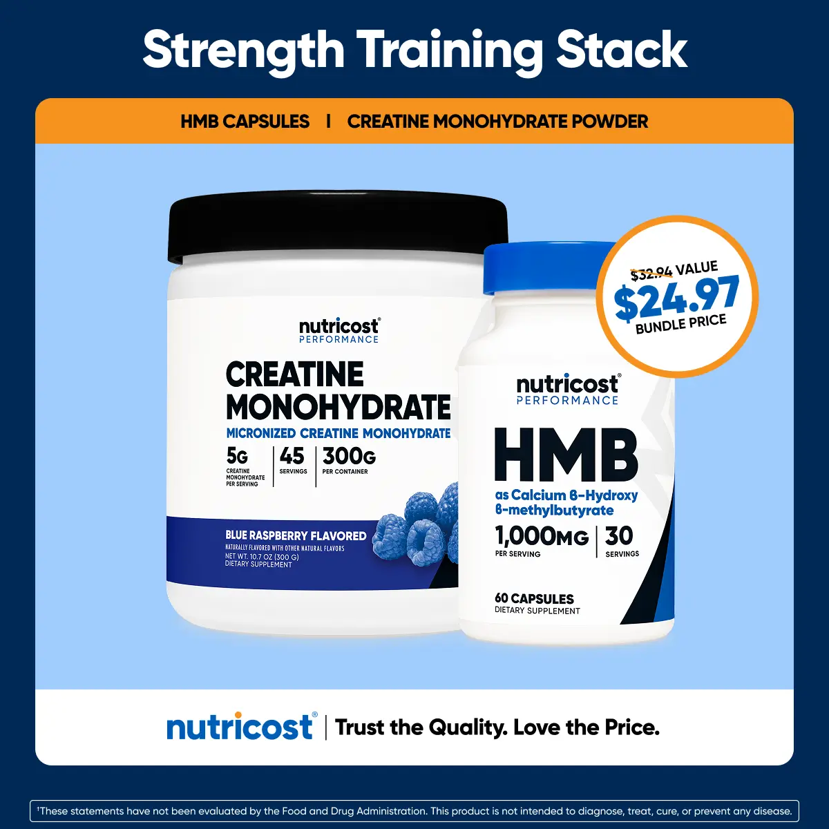 Strength Training Stack - Creatine Monohydrate Powder 300G + HMB Capsules 30 Servings