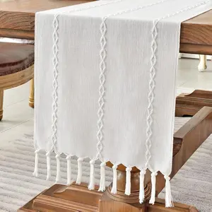 Rustic Farmhouse Style Linen Table Runner 72 Inches Long - White Embroidered Dining Table Runner with Hand-Tassels for Party, Dresser & Home Decor (13"x72")